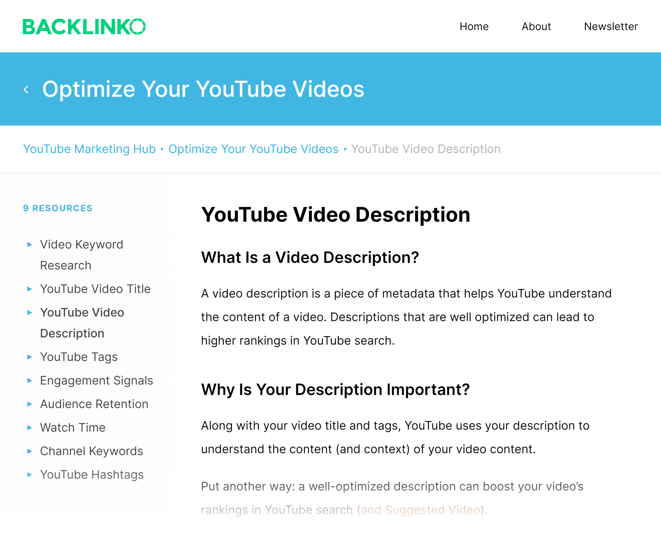 Backlinko – Hub – YouTube video description