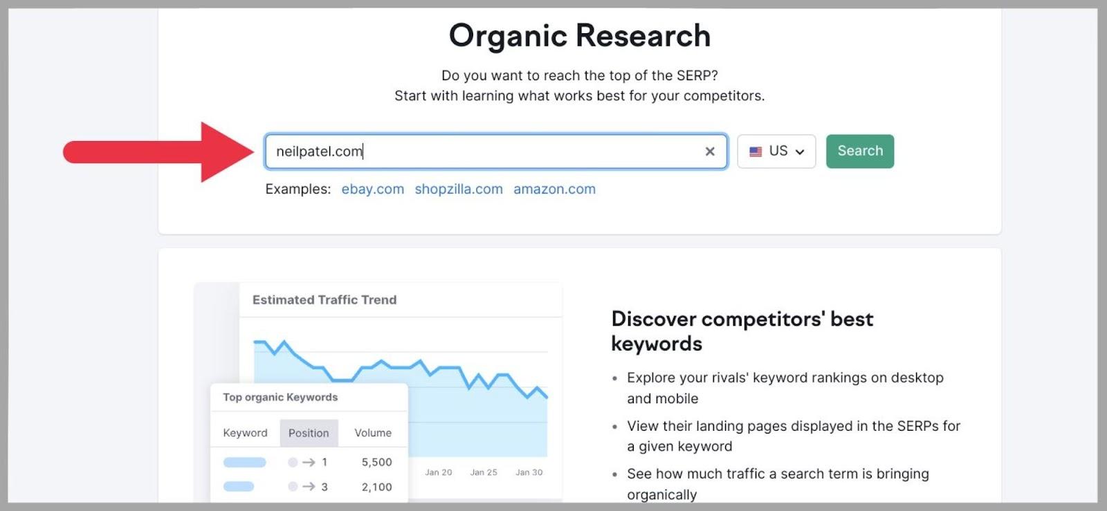 Input your domain into Semrush organic research tool
