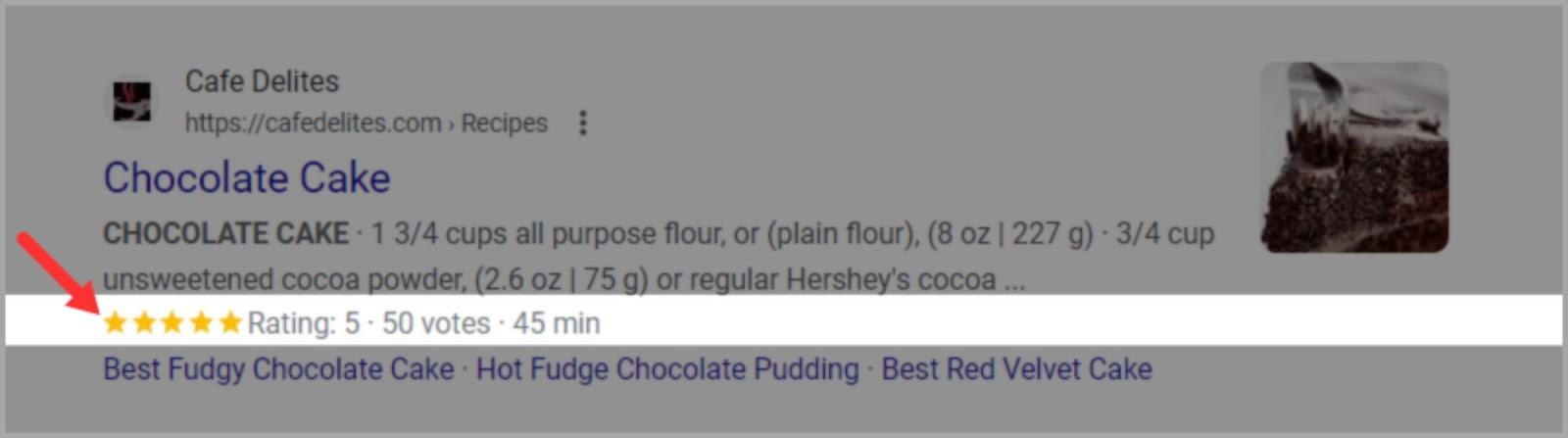 Rich snippet for a chocolate cake recipe