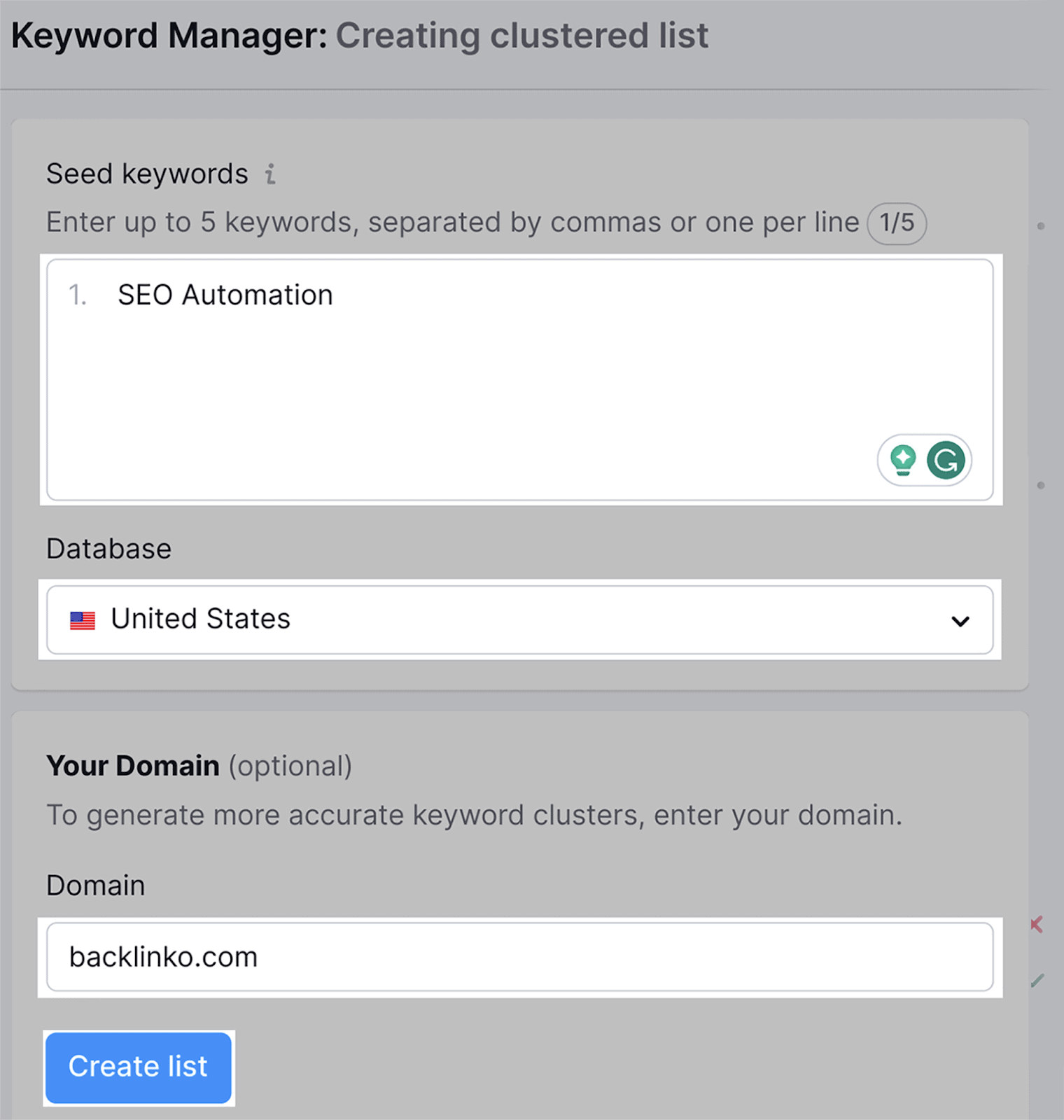 Enter seed keyword, select database then add your domain