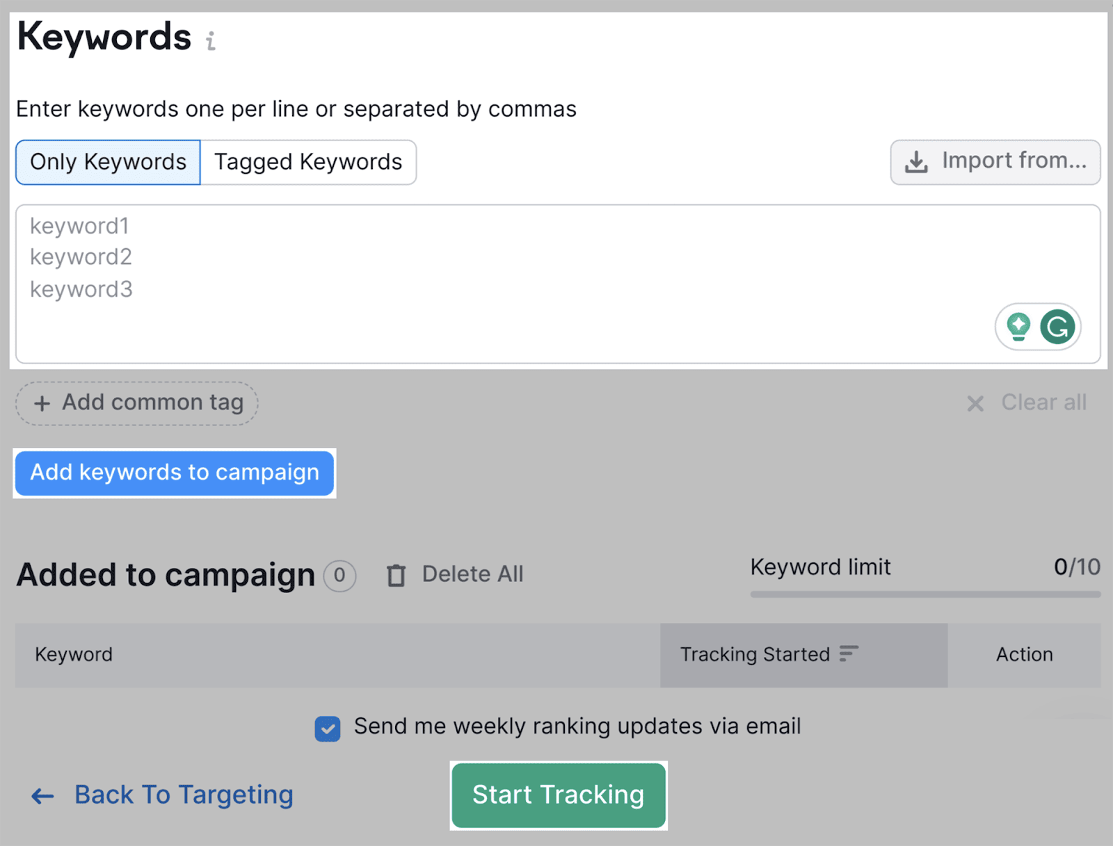 Add the campaign keywords to track