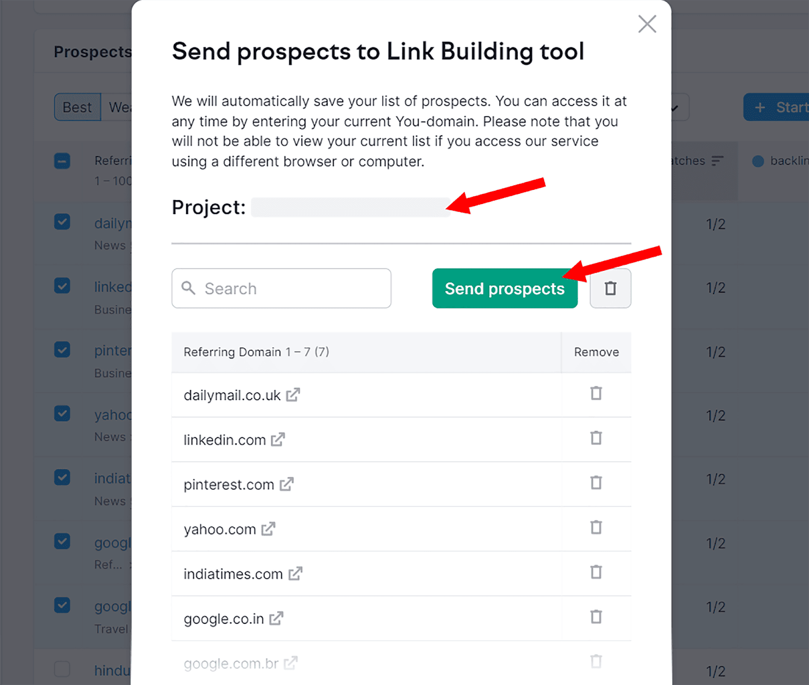 Prospects saved to link building tool