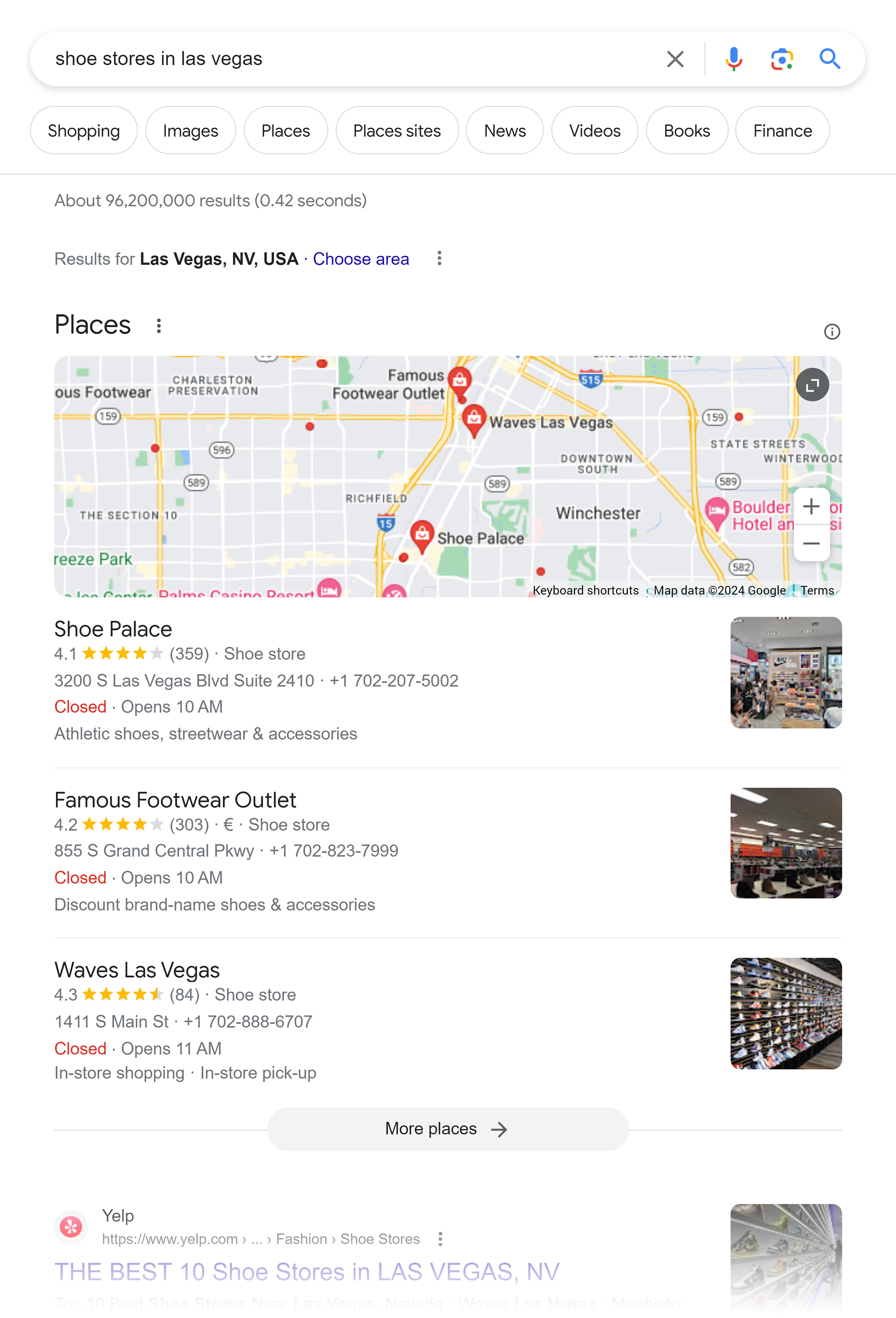 Google SERP – Shoe stores in Las Vegas