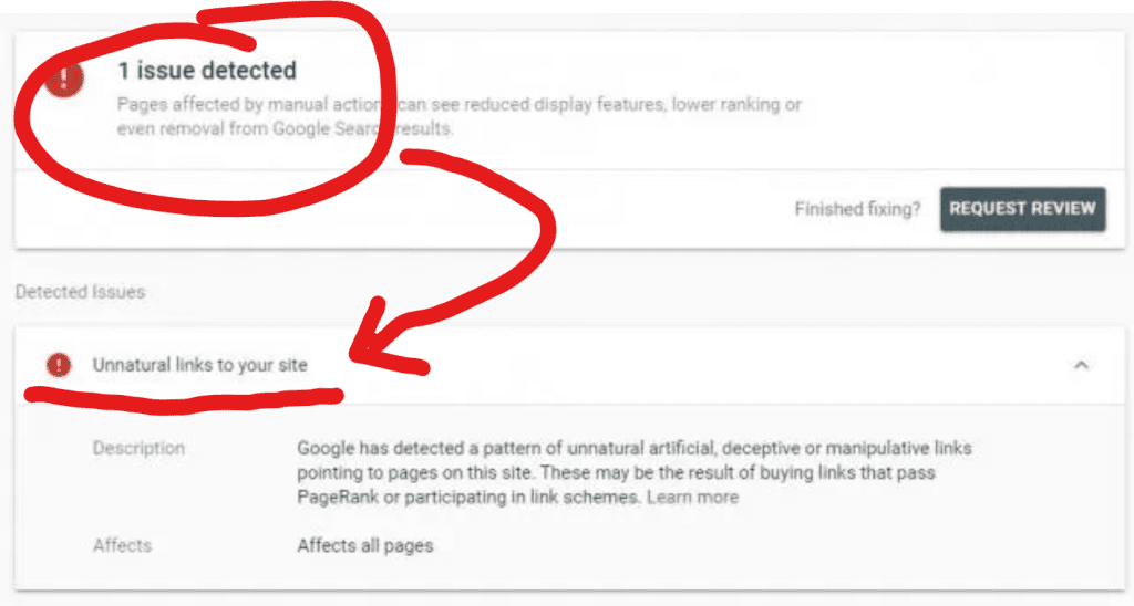 An unnatural links manual action notification from Google Search Console.