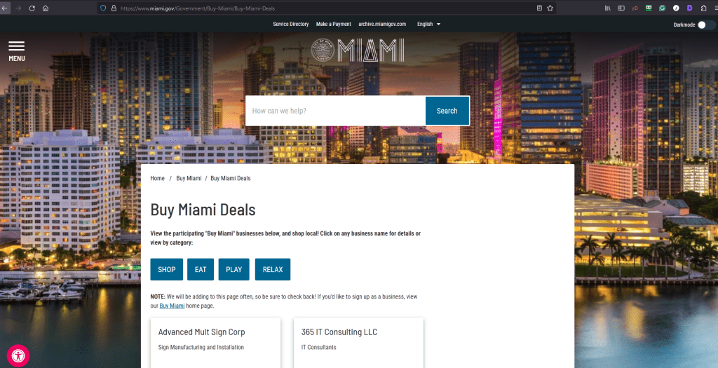 A type of resource page, a deals page, on miami.gov site, linking to a number of local business websites.